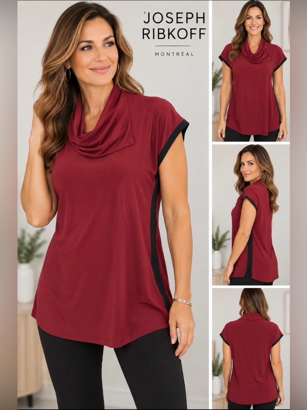 Joseph Ribkoff draped Cowl Neck Top - Burgundy with black trim